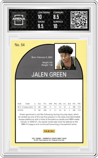 Jalen Green from the 2021-22 Panini Chronicles Draft Picks set graded by Arena Club and given an overall grade of 9.