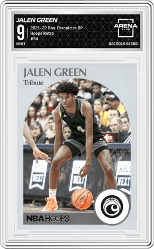 Jalen Green from the 2021-22 Panini Chronicles Draft Picks set graded by Arena Club and given an overall grade of 9.