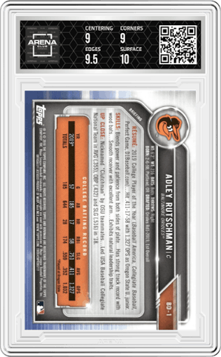 Adley Rutschman from the 2019 Bowman Draft set graded by Arena Club and given an overall grade of 9.5.