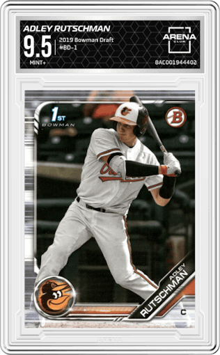 Adley Rutschman from the 2019 Bowman Draft set graded by Arena Club and given an overall grade of 9.5.