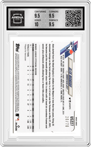 Alek Manoah from the 2021 Topps Update set featuring a Black parallel graded by Arena Club and given an overall grade of 10.