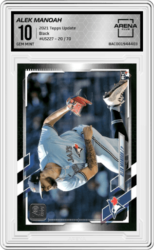 Alek Manoah from the 2021 Topps Update set featuring a Black parallel graded by Arena Club and given an overall grade of 10.