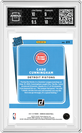 Cade Cunningham from the 2021-22 Panini Donruss set graded by Arena Club and given an overall grade of 9.5.