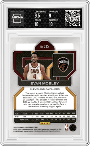 Evan Mobley from the 2021-22 Panini Prizm  set graded by Arena Club and given an overall grade of 9.5.