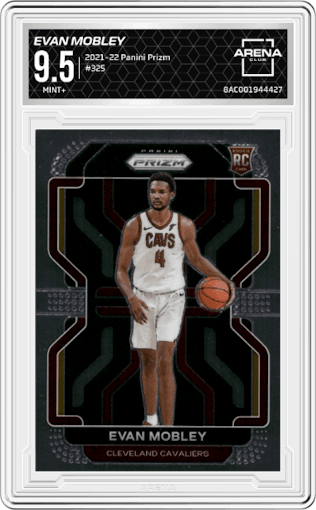 Evan Mobley from the 2021-22 Panini Prizm  set graded by Arena Club and given an overall grade of 9.5.