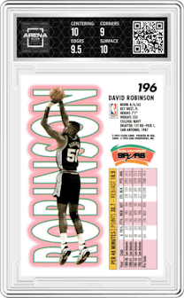  David Robinson from the 1993-94 Fleer set graded by Arena Club and given an overall grade of 9.5.
