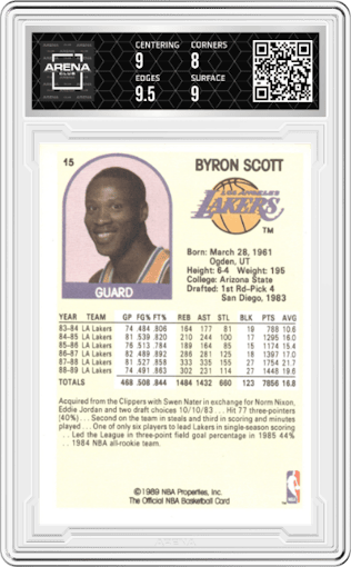  Byron Scott  from the 1989-90 NBA Hoops  set graded by Arena Club and given an overall grade of 8.5.