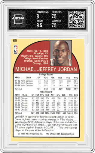 Michael Jordan from the 1990-91 NBA Hoops set graded by Arena Club and given an overall grade of 8.