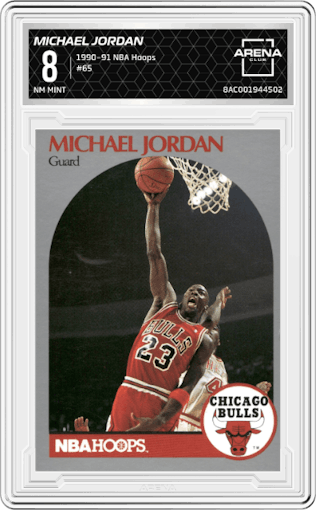Michael Jordan from the 1990-91 NBA Hoops set graded by Arena Club and given an overall grade of 8.