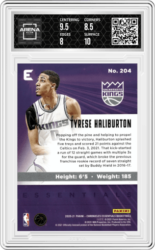 Tyrese Haliburton from the 2020-21 Panini Chronicles set graded by Arena Club and given an overall grade of 8.5.