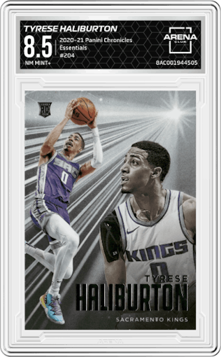 Tyrese Haliburton from the 2020-21 Panini Chronicles set graded by Arena Club and given an overall grade of 8.5.