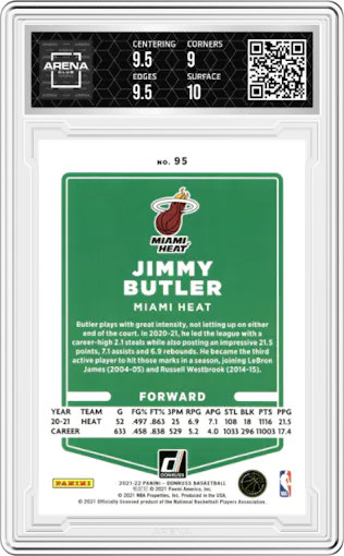 Jimmy Butler from the 2021-22 Panini Donruss set graded by Arena Club and given an overall grade of 9.5.
