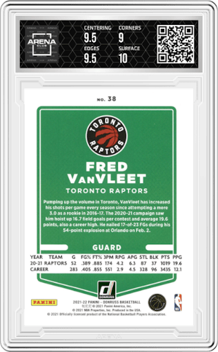 Fred VanVleet from the 2021-22 Panini Donruss set featuring a Orange Holo Laser  parallel graded by Arena Club and given an overall grade of 9.5.