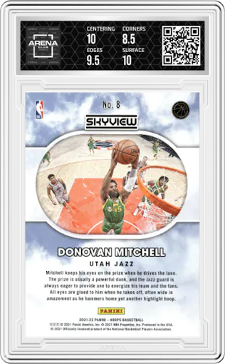 Donovan Mitchell from the 2021-22 Panini NBA Hoops set graded by Arena Club and given an overall grade of 9.