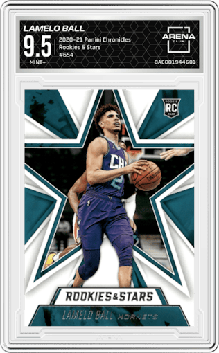 LaMelo Ball from the 2020-21 Panini Chronicles set graded by Arena Club and given an overall grade of 9.5.