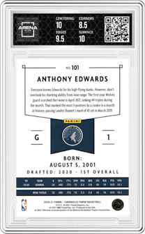 Anthony Edwards from the 2020-21 Panini Chronicles set graded by Arena Club and given an overall grade of 9.