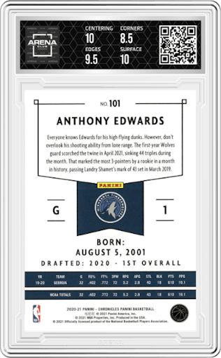 Anthony Edwards from the 2020-21 Panini Chronicles set graded by Arena Club and given an overall grade of 9.