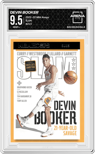 Devin Booker from the 2021-22 Panini NBA Hoops set graded by Arena Club and given an overall grade of 9.5.
