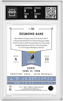 Desmond Bane from the 2020-21 Panini Chronicles set graded by Arena Club and given an overall grade of 9.5.