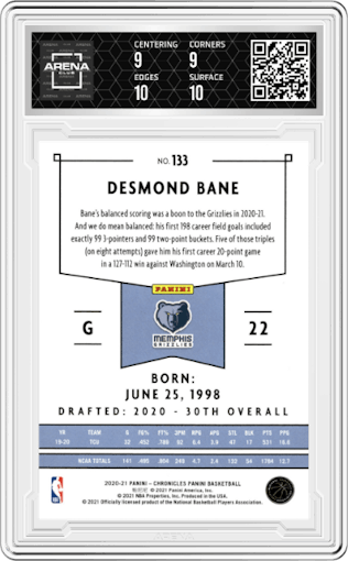 Desmond Bane from the 2020-21 Panini Chronicles set graded by Arena Club and given an overall grade of 9.5.