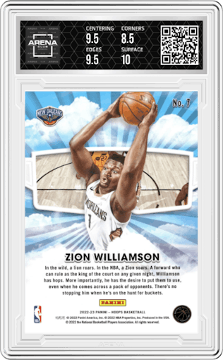 Zion Williamson from the 2022-23 Panini NBA Hoops set featuring a Winter parallel graded by Arena Club and given an overall grade of 9.