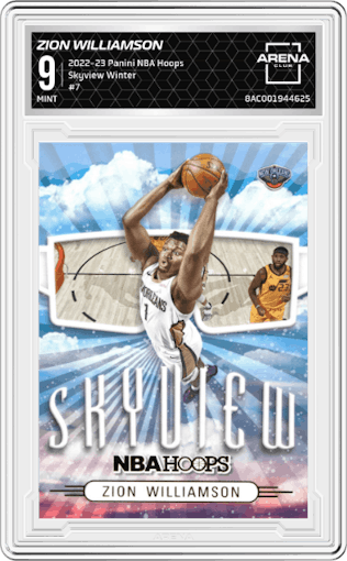 Zion Williamson from the 2022-23 Panini NBA Hoops set featuring a Winter parallel graded by Arena Club and given an overall grade of 9.