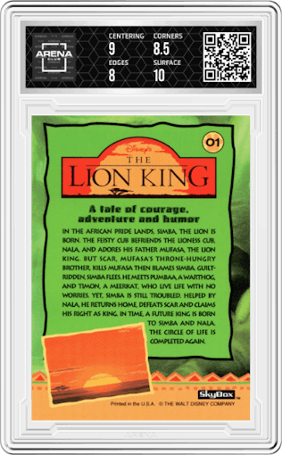 A Tale of Courage, Adventure and Humor from the 1994 Skybox The Lion King set graded by Arena Club and given an overall grade of 8.5.