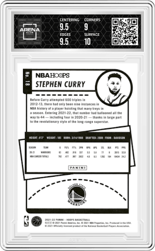 Stephen Curry from the 2021-22 Panini NBA Hoops set graded by Arena Club and given an overall grade of 9.5.