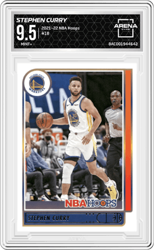 Stephen Curry from the 2021-22 Panini NBA Hoops set graded by Arena Club and given an overall grade of 9.5.
