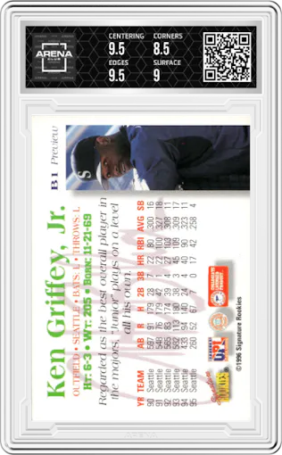 Ken Griffey Jr. from the 1996 Signature Rookies Auto-Bilia set graded by Arena Club and given an overall grade of 9.