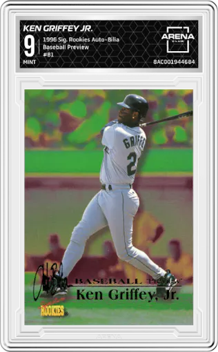 Ken Griffey Jr. from the 1996 Signature Rookies Auto-Bilia set graded by Arena Club and given an overall grade of 9.