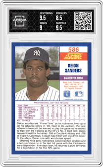 Deion Sanders from the 1990 Score set graded by Arena Club and given an overall grade of 9.