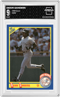 Deion Sanders from the 1990 Score set graded by Arena Club and given an overall grade of 9.
