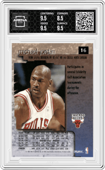 Michael Jordan from the 1996-97 Skybox Premium set graded by Arena Club and given an overall grade of 9.