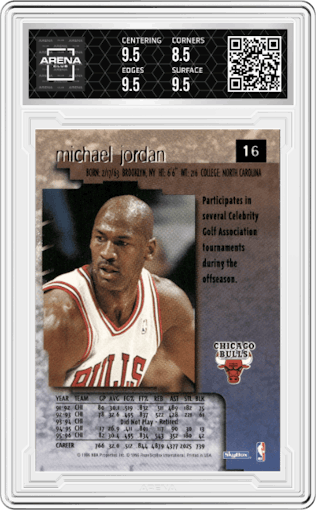 Michael Jordan from the 1996-97 Skybox Premium set graded by Arena Club and given an overall grade of 9.