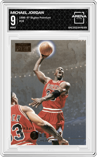 Michael Jordan from the 1996-97 Skybox Premium set graded by Arena Club and given an overall grade of 9.