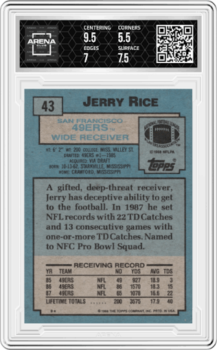 Jerry Rice from the 1988 Topps set graded by Arena Club and given an overall grade of 6.