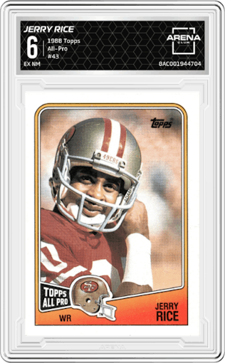 Jerry Rice from the 1988 Topps set graded by Arena Club and given an overall grade of 6.