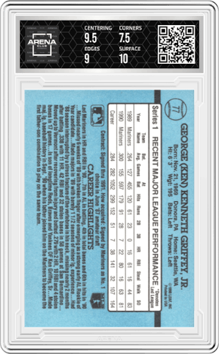 Ken Griffey Jr. from the 1991 Donruss set graded by Arena Club and given an overall grade of 8.