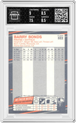 Barry Bonds from the 1988 Fleer set graded by Arena Club and given an overall grade of 8.