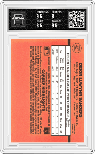 Deion Sanders from the 1990 Donruss set graded by Arena Club and given an overall grade of 8.5.
