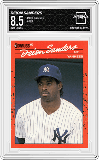 Deion Sanders from the 1990 Donruss set graded by Arena Club and given an overall grade of 8.5.