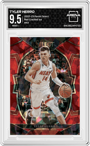 Tyler Herro from the 2022-23 Panini Select set featuring a Red Cracked Ice parallel graded by Arena Club and given an overall grade of 9.5.