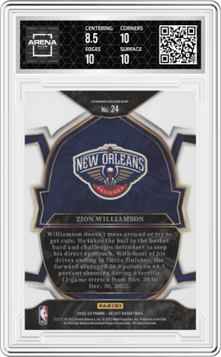 Zion Williamson from the 2022-23 Panini Select set featuring a Blue Retail parallel graded by Arena Club and given an overall grade of 9.