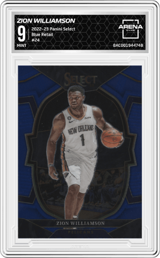 Zion Williamson from the 2022-23 Panini Select set featuring a Blue Retail parallel graded by Arena Club and given an overall grade of 9.