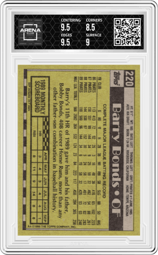 Barry Bonds from the 1990 Topps set graded by Arena Club and given an overall grade of 9.