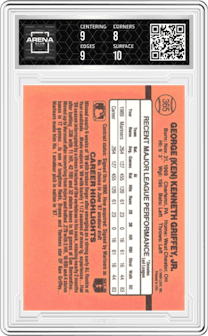 Ken Griffey, Jr. from the 1990 Donruss set graded by Arena Club and given an overall grade of 8.5.