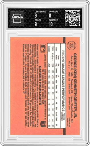 Ken Griffey, Jr. from the 1990 Donruss set graded by Arena Club and given an overall grade of 8.5.