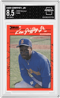 Ken Griffey, Jr. from the 1990 Donruss set graded by Arena Club and given an overall grade of 8.5.