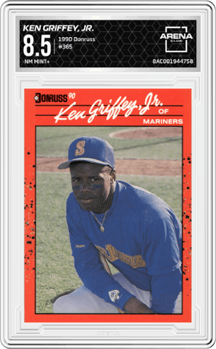 Ken Griffey, Jr. from the 1990 Donruss set graded by Arena Club and given an overall grade of 8.5.